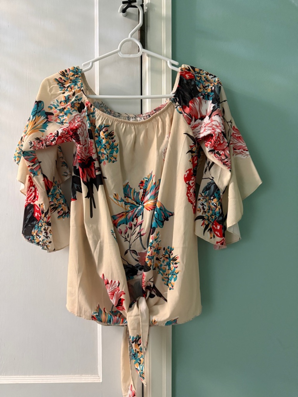 Floral Tie-Front Off-Shoulder Top in Cream
